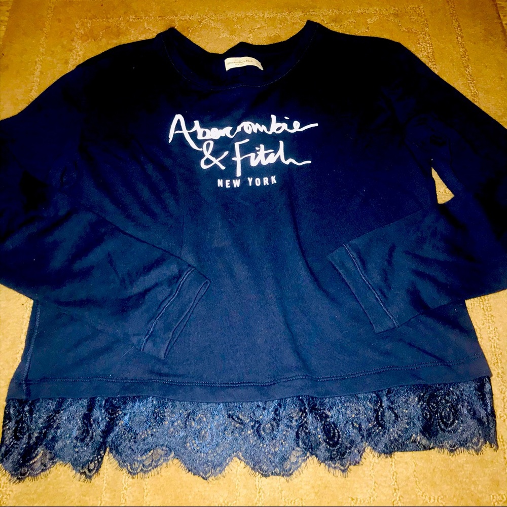 Abercrombie and Fitch navy logo sweatshirt with lace trim at bottom - Picture 1 of 7